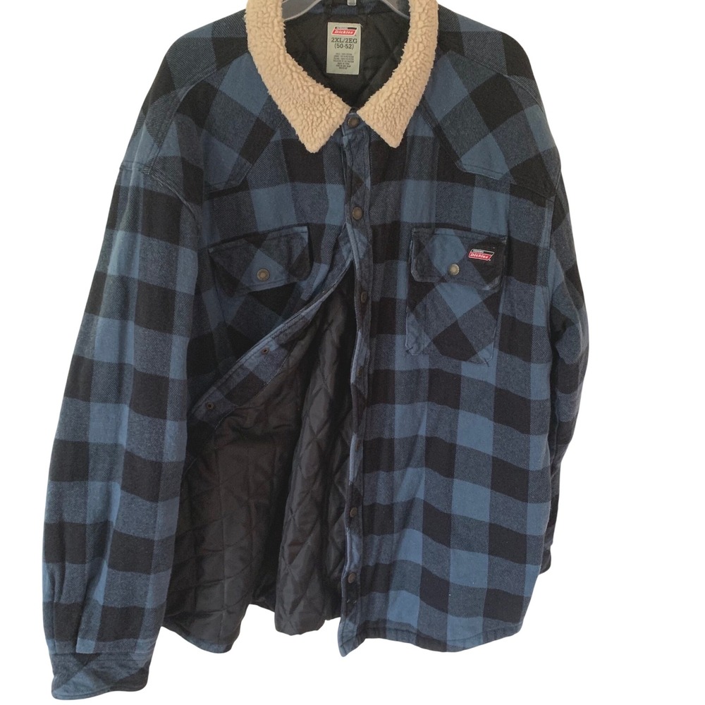 Dickies 2XL Flannel Shirt Jacket Blue Black Plaid Sherpa Collar Quilted Lined‎